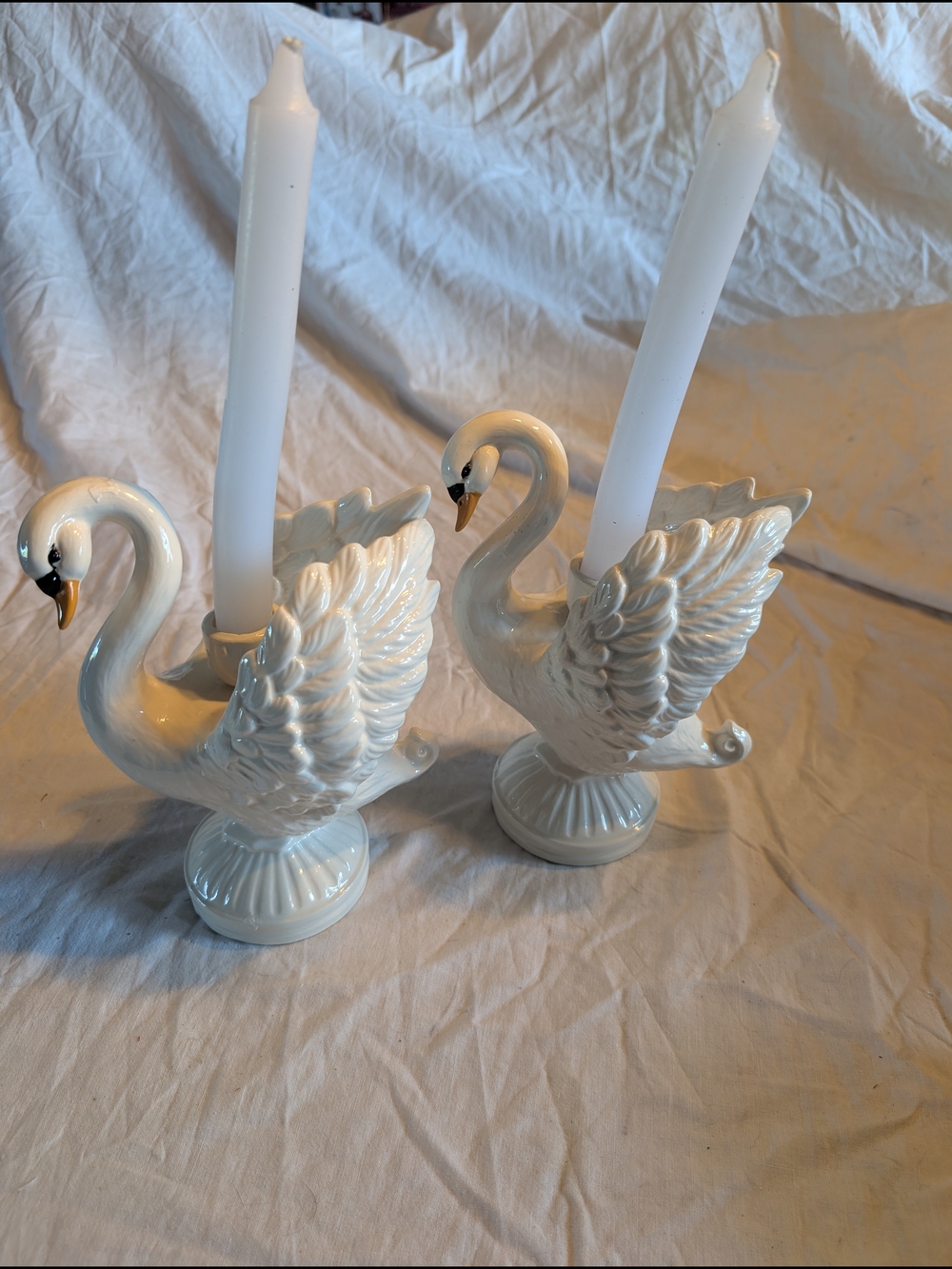 2/60$ Vintage White Ceramic Swan Candle Holders with orange Beaks - Pair